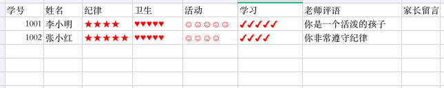 学校在校表现表格